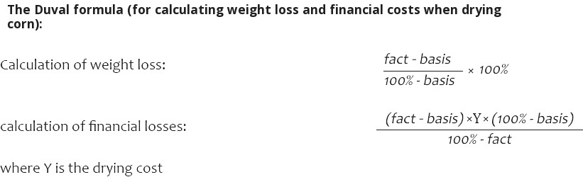 Calculator of weight loss and financial costs for drying and cleaning corn